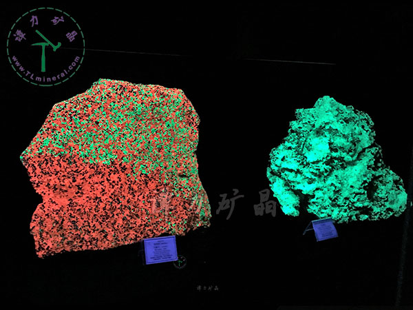 短波紫外燈：硅鋅礦（左），玉滴石（右）